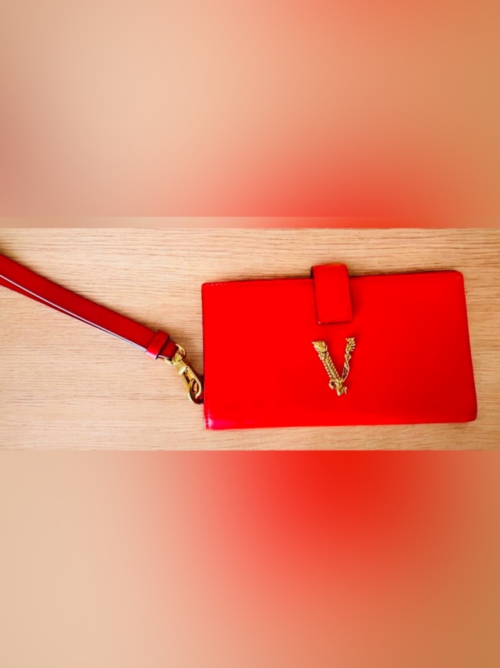 Versace Virtus Logo Plaque Phone Holder/ Wristlet Red Leather